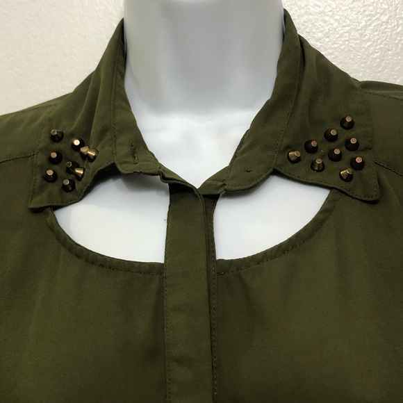 Foreign Exchange Olive Green Long Sleeve Blouse Button-Up Collar Studs Preowned - Picture 4 of 8